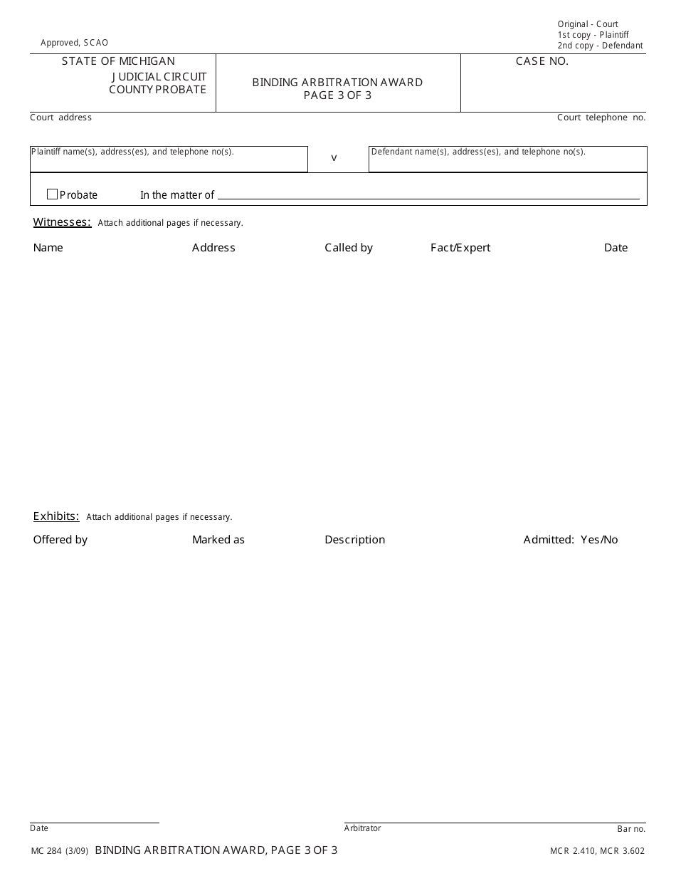 Form MC284 Binding Arbitration Award - Michigan, Page 3