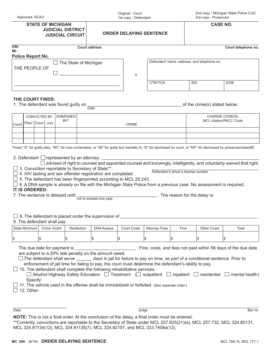 Form MC294 Order Delaying Sentence - Michigan, Page 1