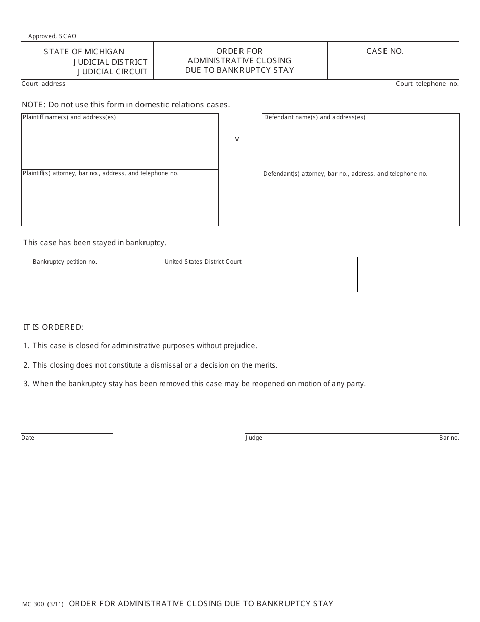 Form MC300 Order for Administrative Closing Due to Bankruptcy Stay - Michigan, Page 1
