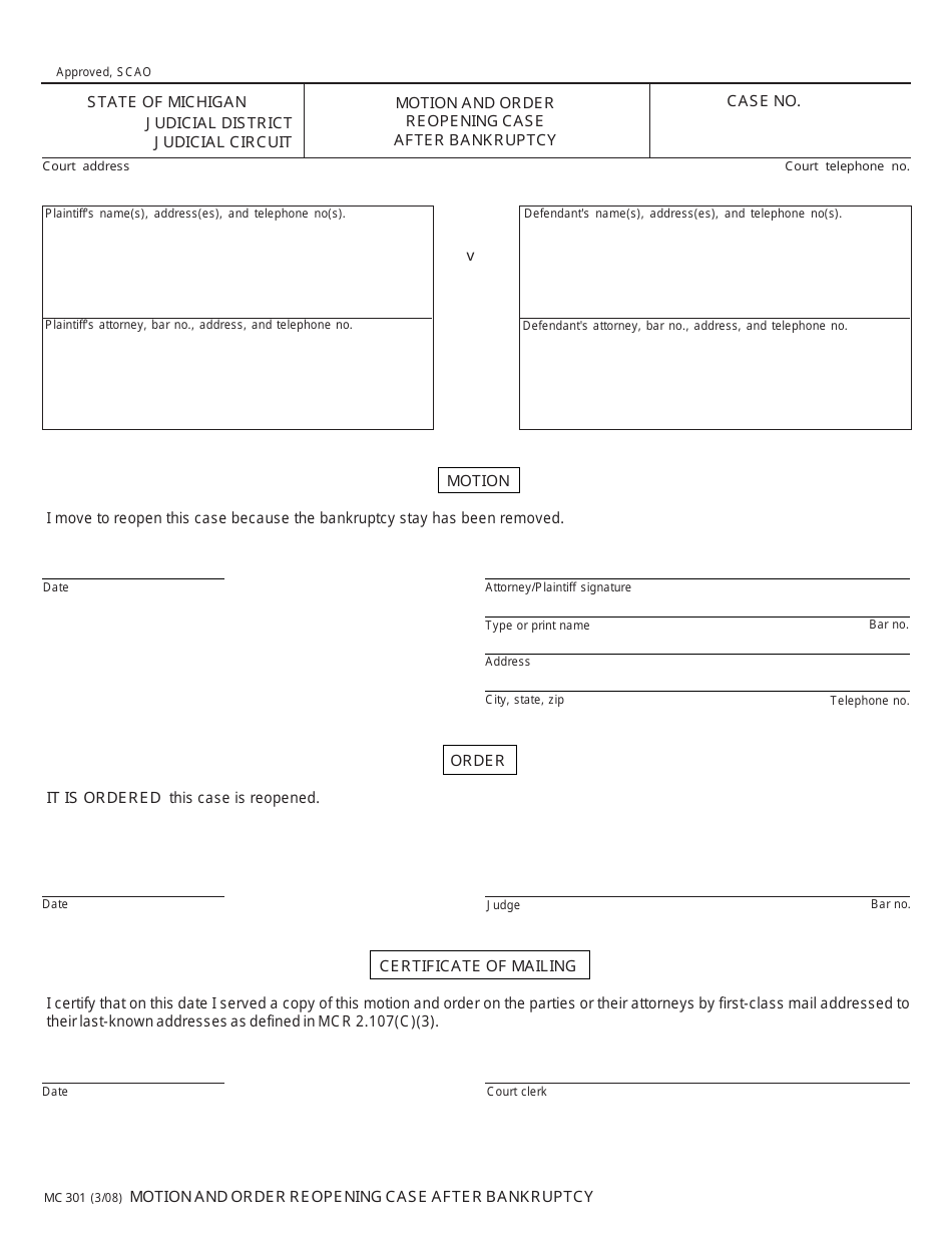 Form MC301 Motion and Order Reopening Case After Bankruptcy - Michigan, Page 1