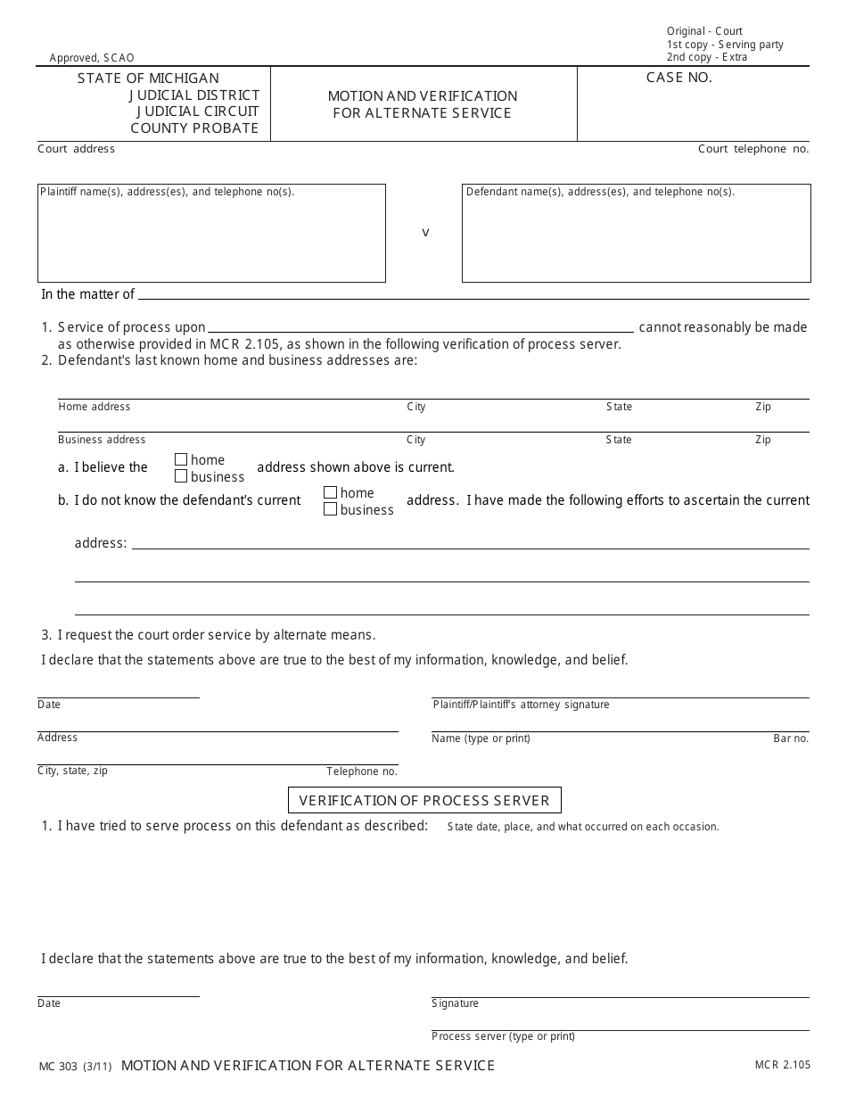Form MC303 Motion and Verification for Alternate Service - Michigan, Page 1