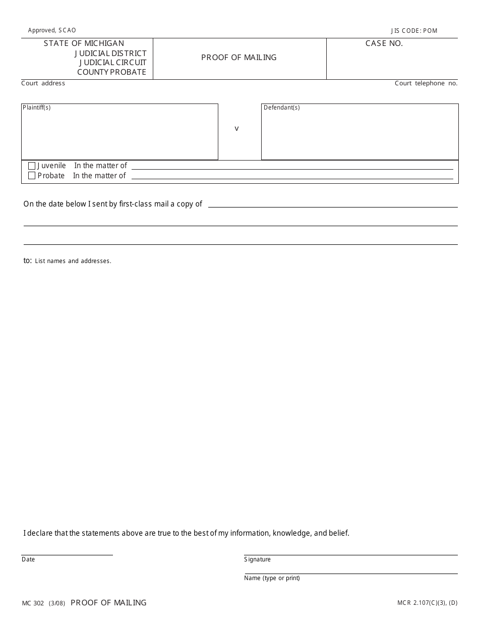 Form MC302 Proof of Mailing - Michigan, Page 1