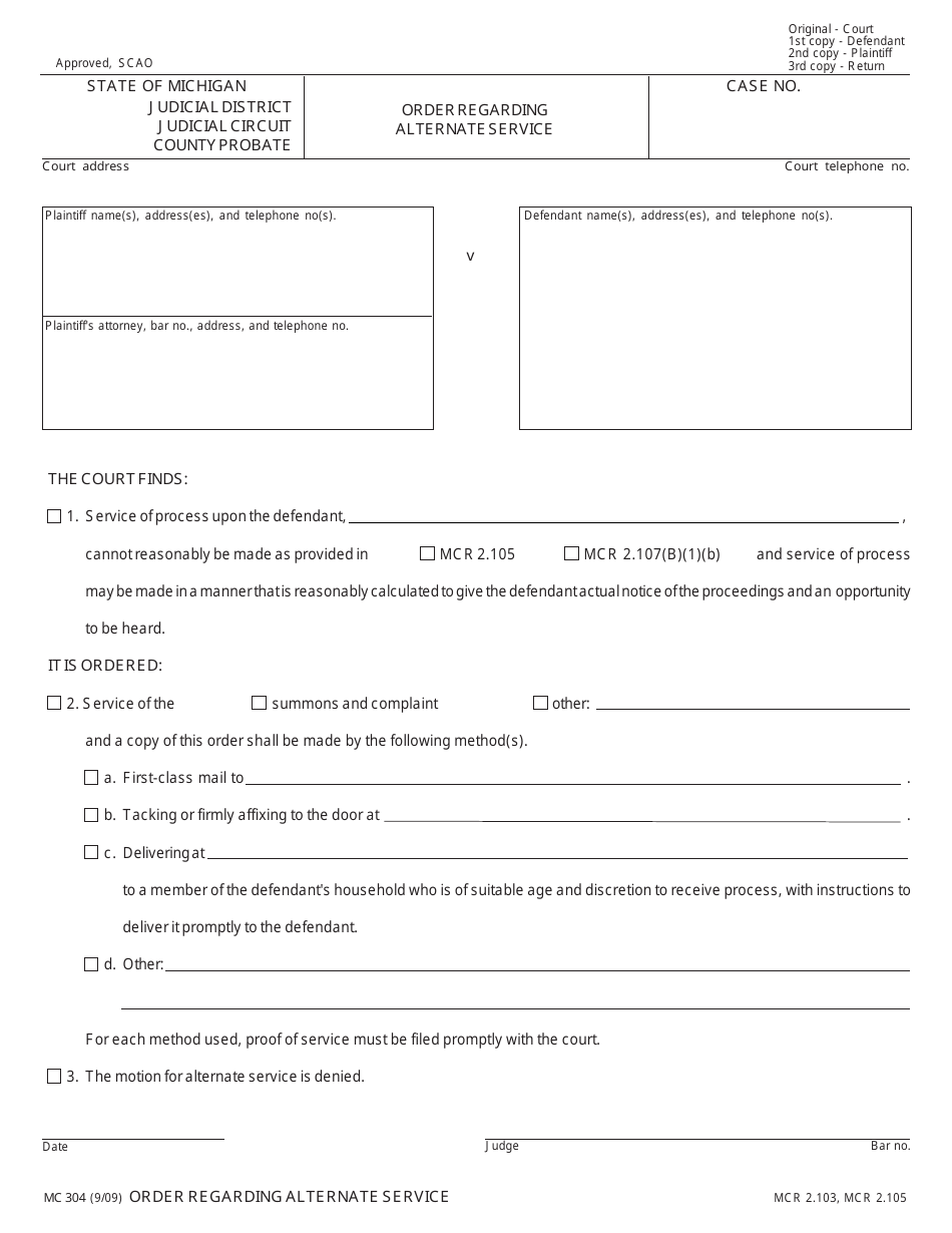 Form MC304 Order Regarding Alternate Service - Michigan, Page 1