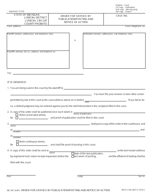 Form MC307 Order for Service by Publication/Posting and Notice of Action - Michigan