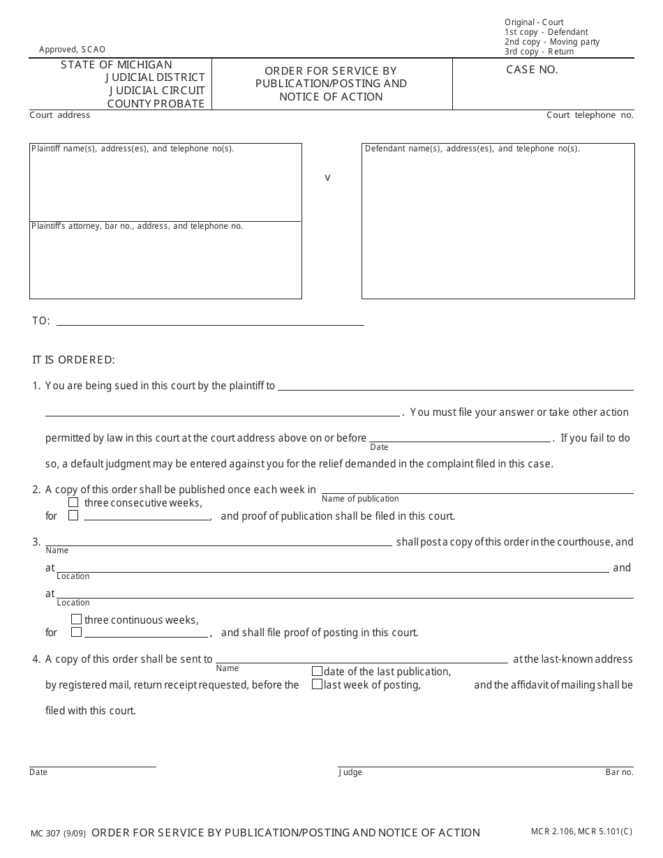 Form MC307 Order for Service by Publication / Posting and Notice of Action - Michigan, Page 1