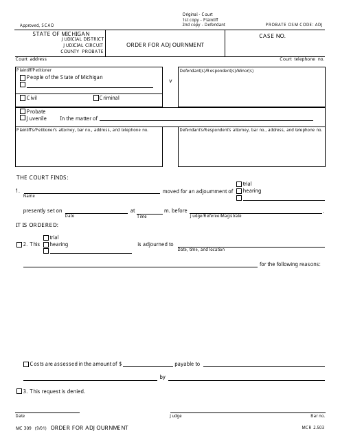 Form MC309 Order for Adjournment - Michigan