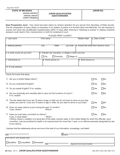 Form MC321A Juror Qualification Questionnaire - Michigan
