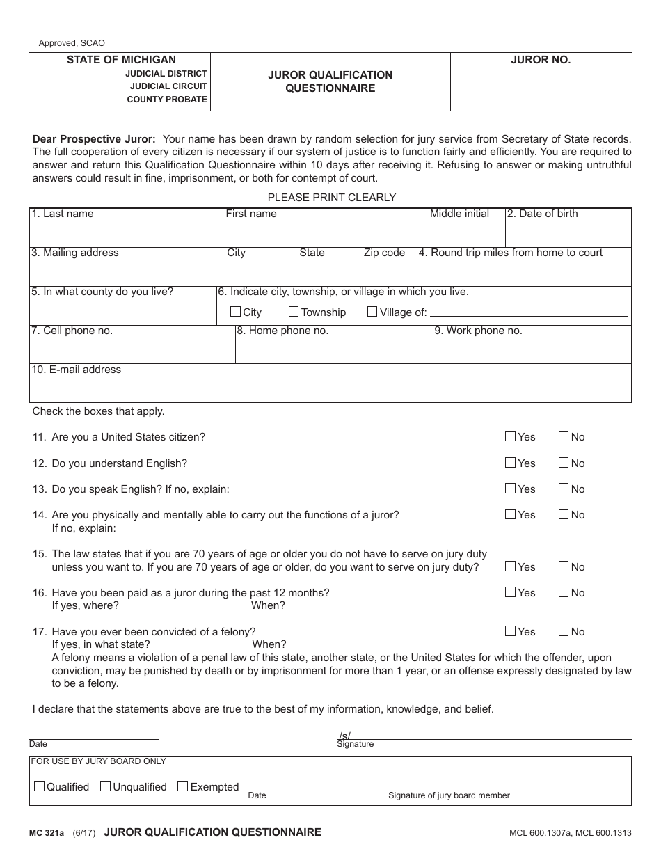 Form MC321A Juror Qualification Questionnaire - Michigan, Page 1