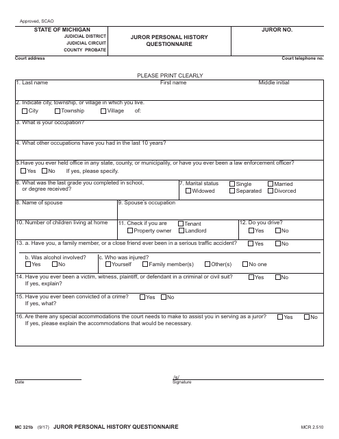 Form MC321B Juror Personal History Questionnaire - Michigan