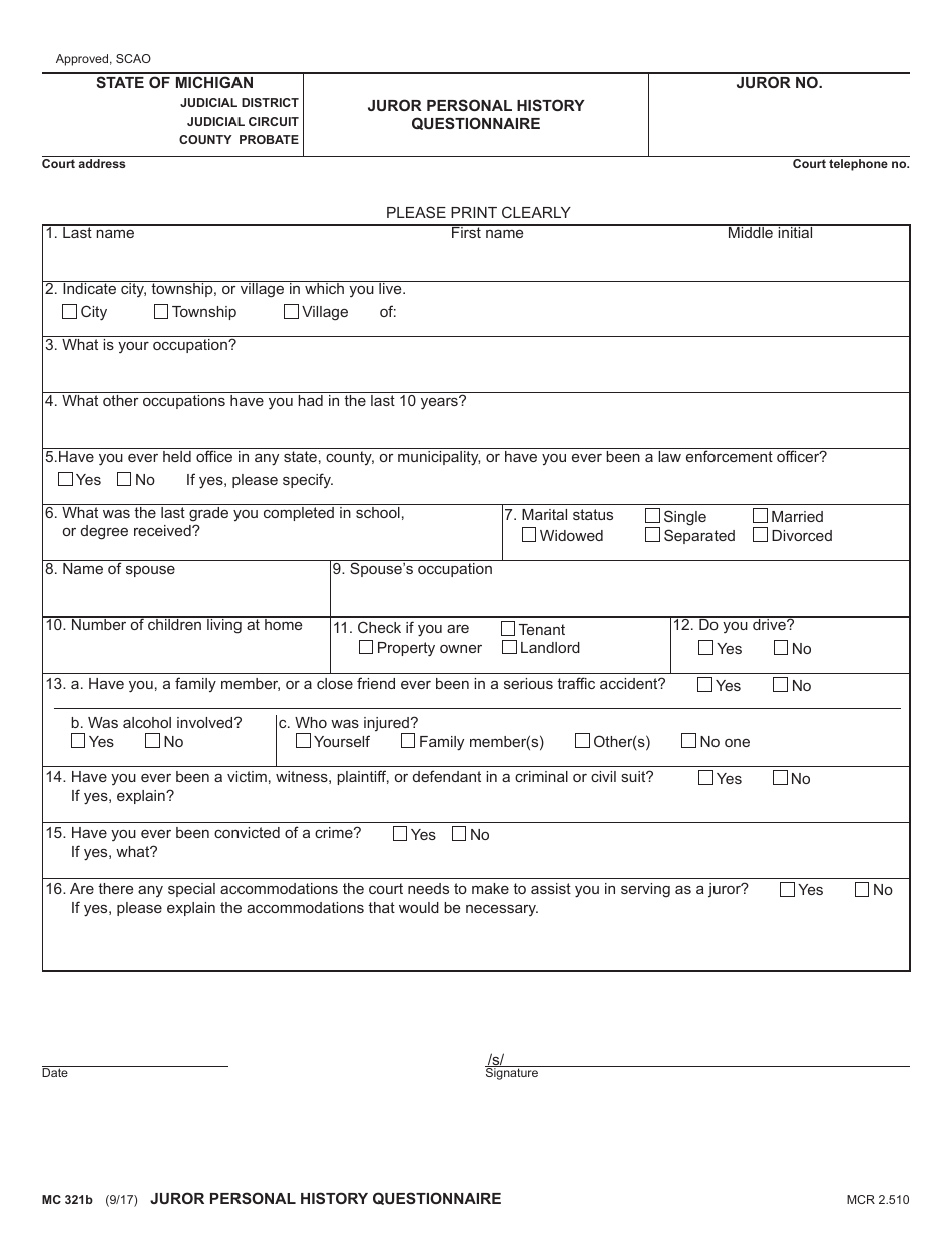 Form MC321B Juror Personal History Questionnaire - Michigan, Page 1