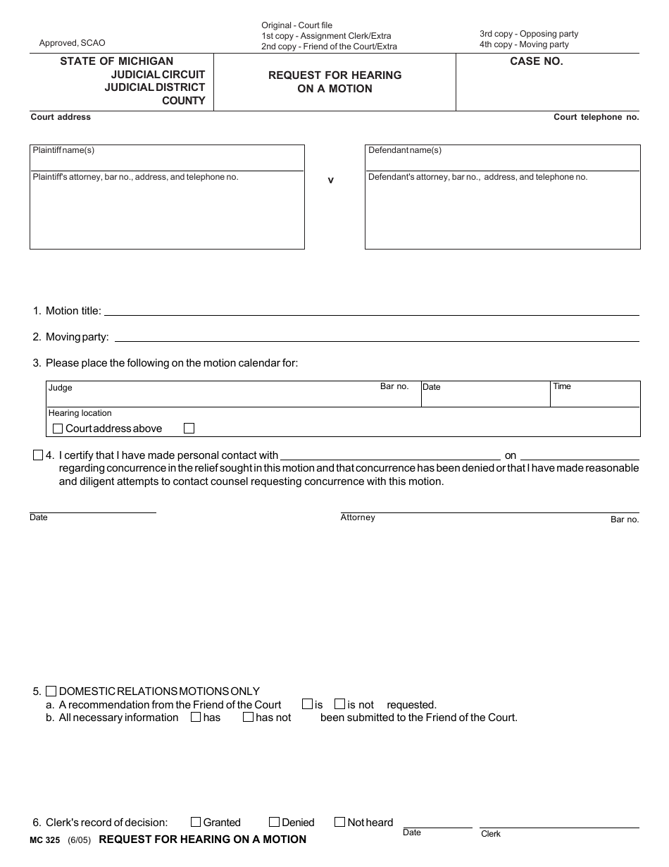 Form MC325 Request for Hearing on a Motion - Michigan, Page 1