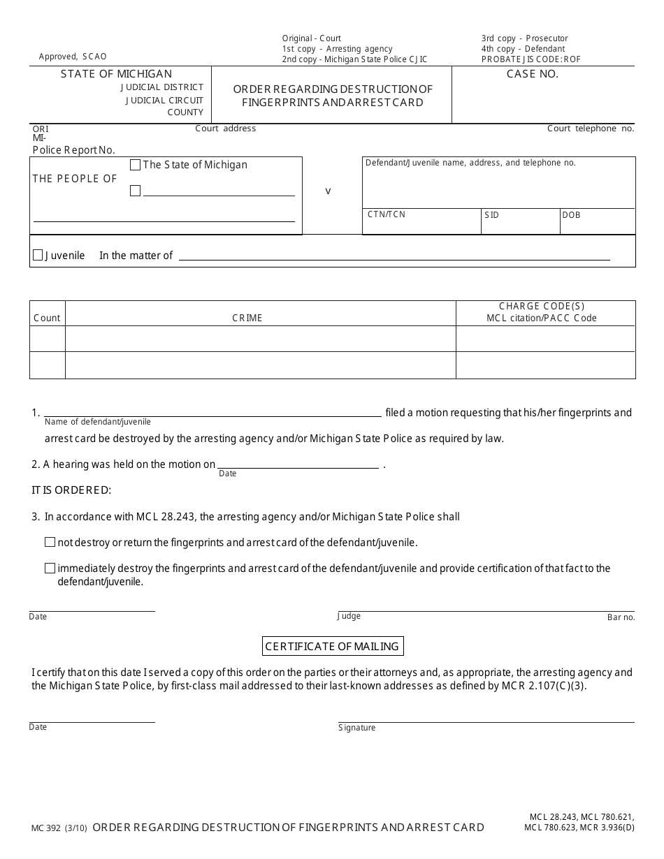 Form MC392 - Fill Out, Sign Online and Download Fillable PDF, Michigan ...