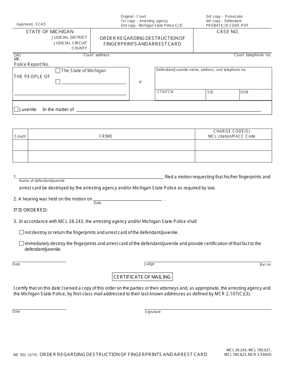 Form MC392 Order Regarding Destruction of Fingerprints and Arrest Card - Michigan, Page 1