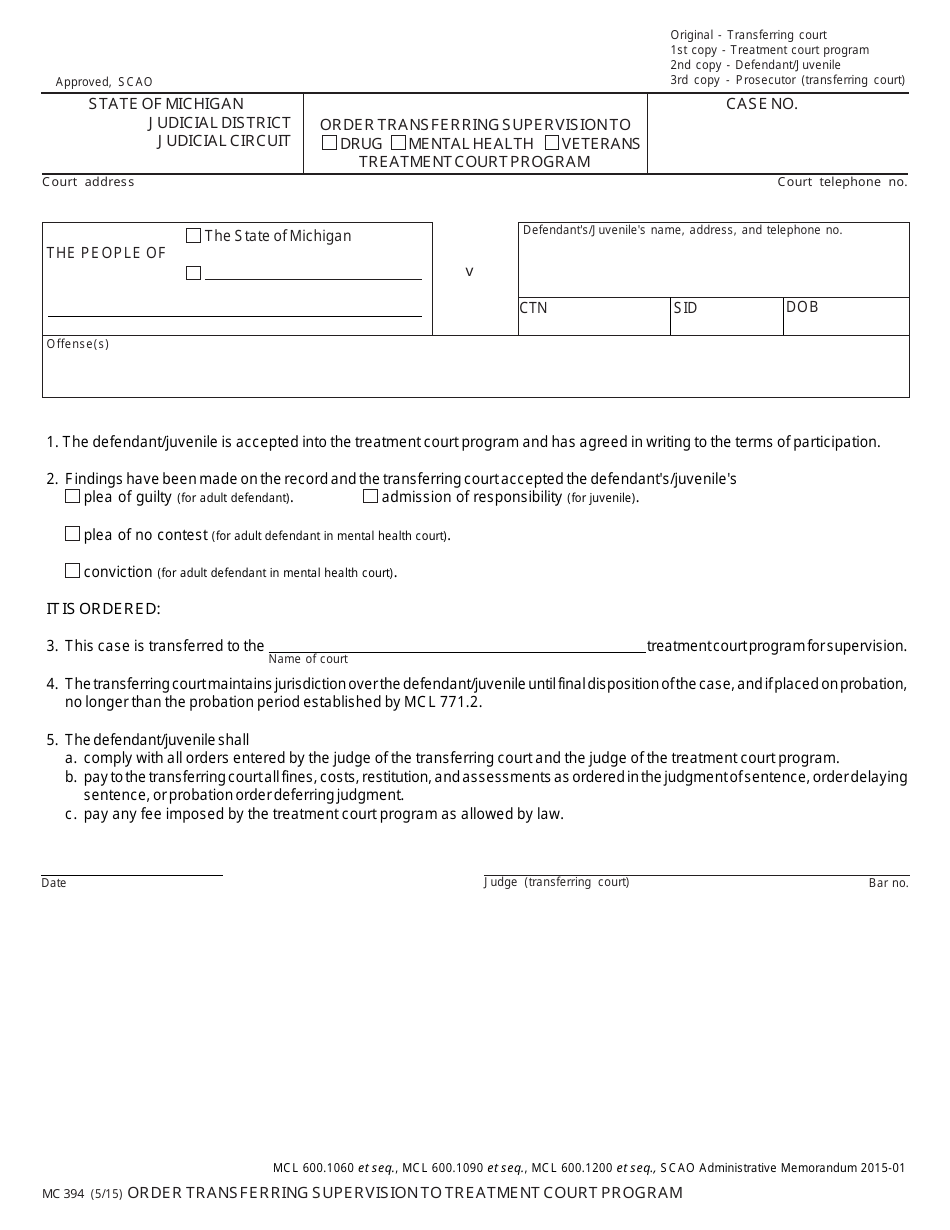 Form MC394 Order Transferring Supervision to Treatment Court Program - Michigan, Page 1