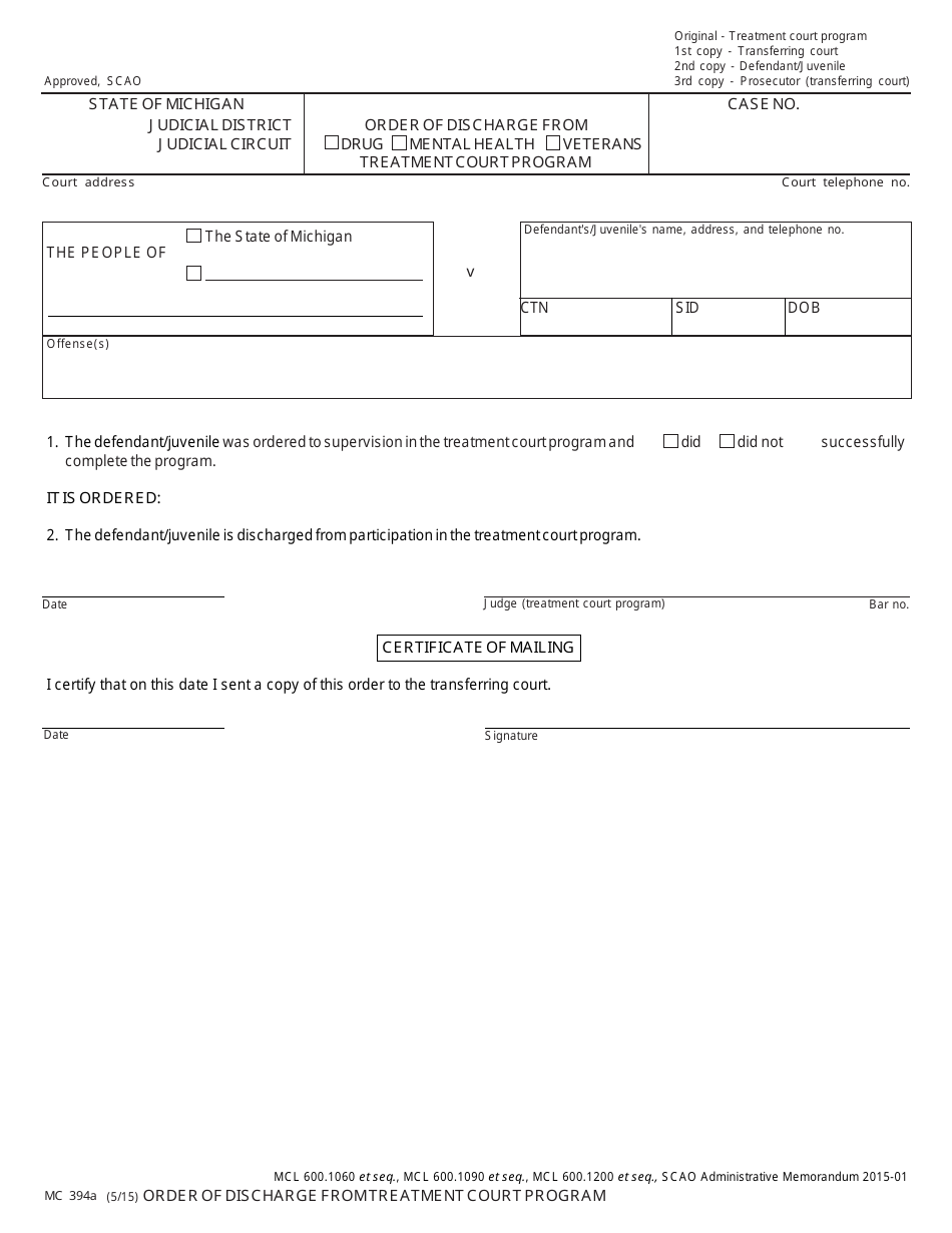 Form MC394A Order of Discharge From Treatment Court Program - Michigan, Page 1