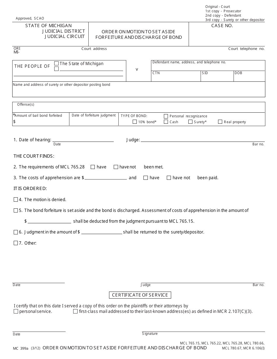 Form MC399A Order on Motion to Set Aside Forfeiture and Discharge of Bond - Michigan, Page 1