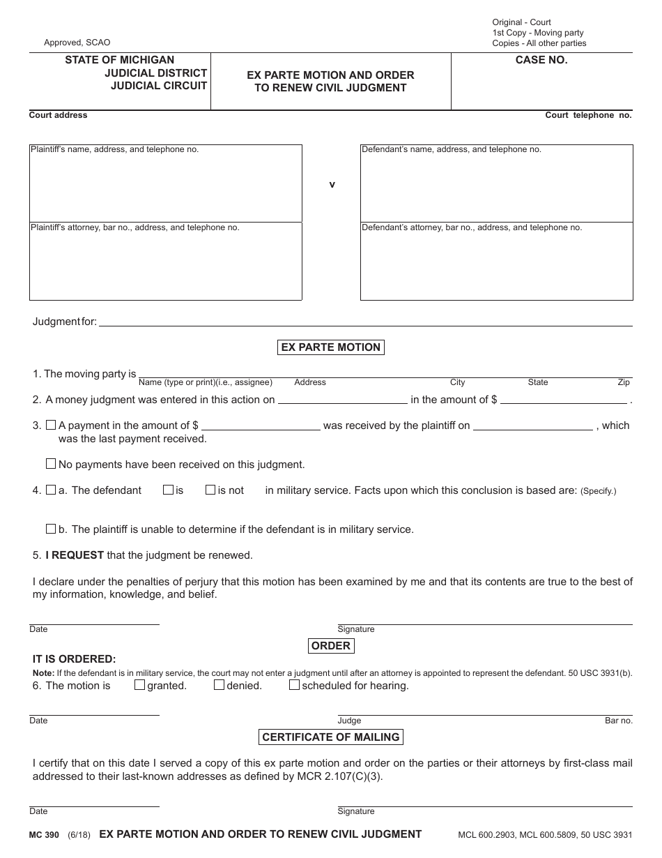 Form MC390 Ex Parte Motion and Order to Renew Civil Judgment - Michigan, Page 1