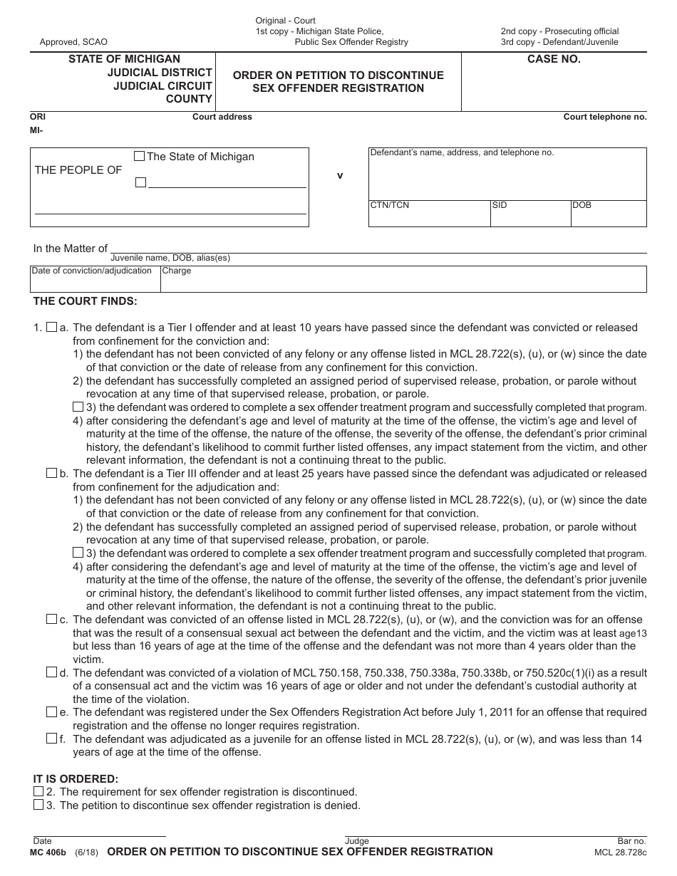 Form MC406B Order on Petition to Discontinue Sex Offender Registration - Michigan, Page 1
