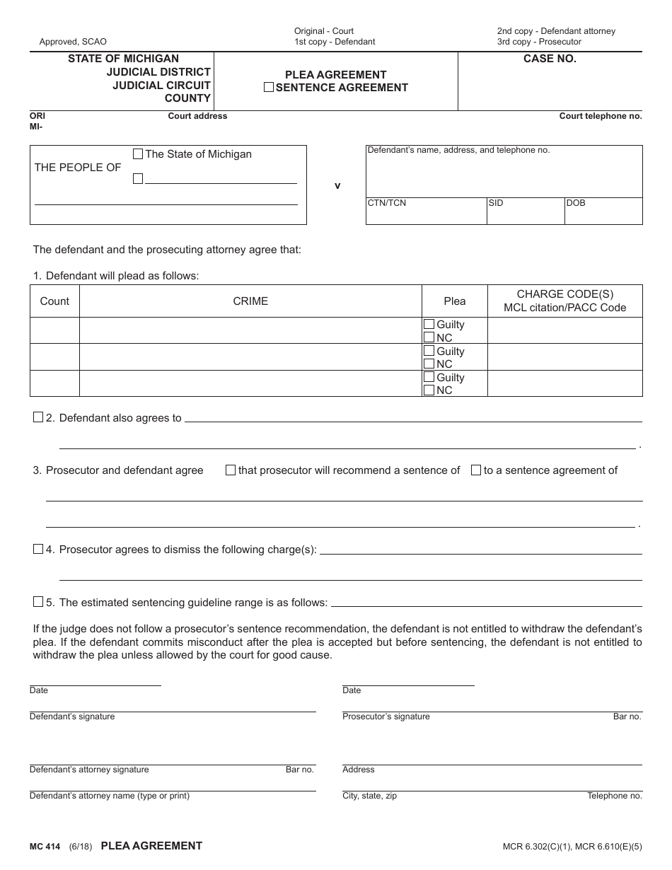 Form MC414 Plea Agreement - Michigan, Page 1