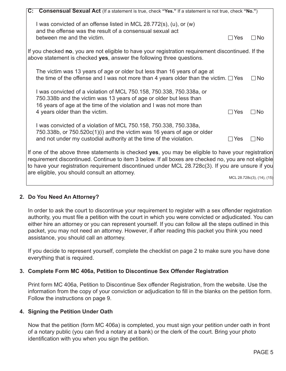 Form MC406A Petition to Discontinue Sex Offender Registration - Michigan, Page 5
