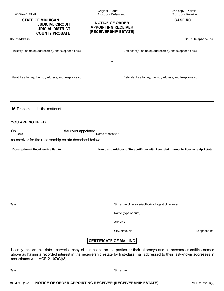 Form MC439 Notice of Order Appointing Receiver (Receivership Estate) - Michigan, Page 1