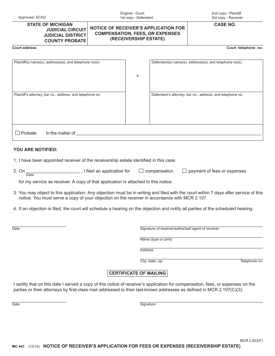 Form MC441 Notice of Receivers Application for Compensation, Fees, or Expenses (Receivership Estate) - Michigan, Page 1