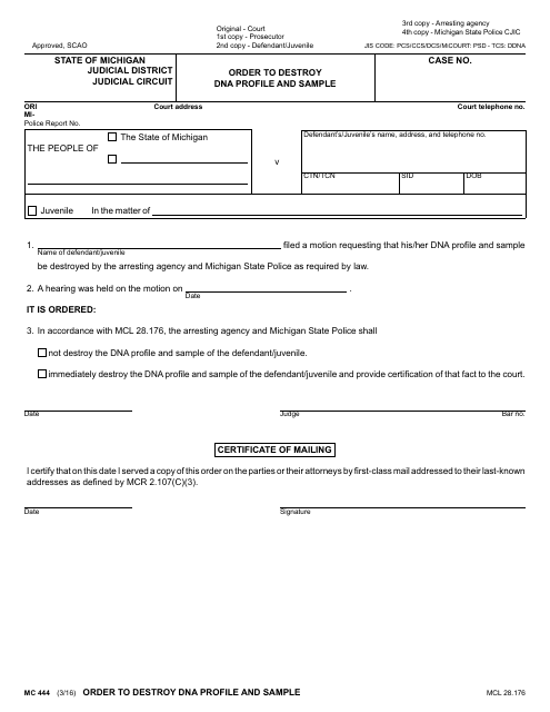 Form MC444 Order to Destroy Dna Profile and Sample - Michigan
