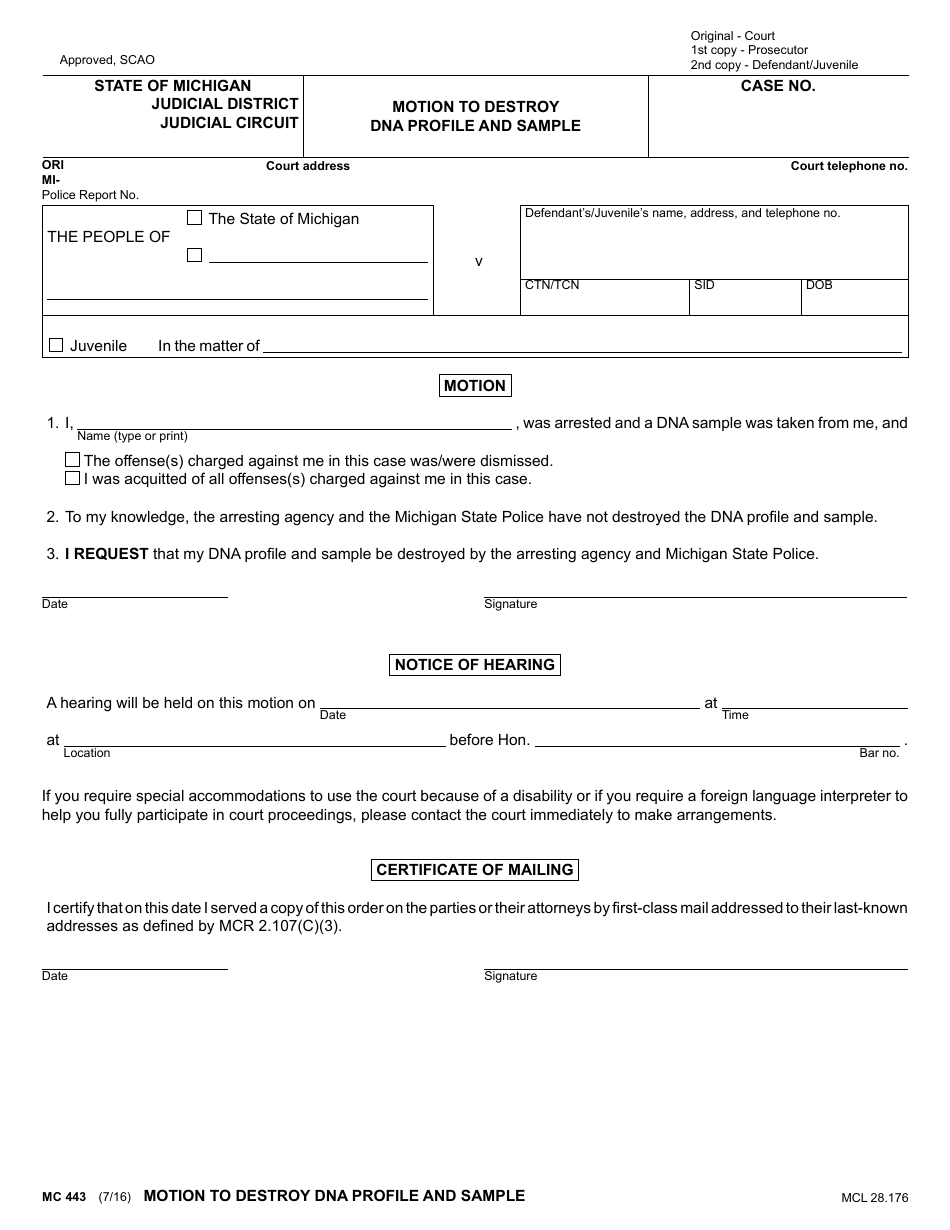 Form MC443 - Fill Out, Sign Online and Download Fillable PDF, Michigan ...