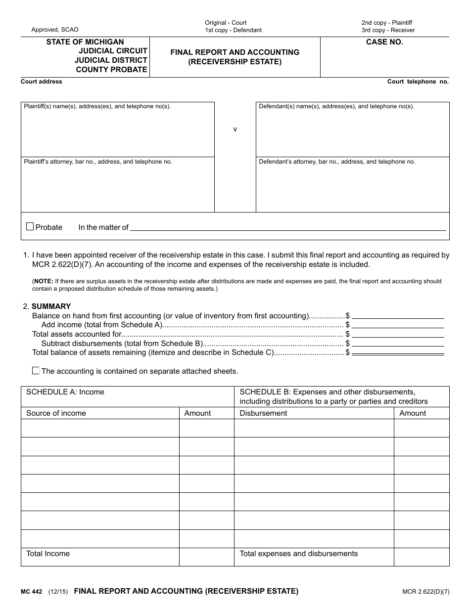 Form MC442 Final Report and Accounting (Receivership Estate) - Michigan, Page 1
