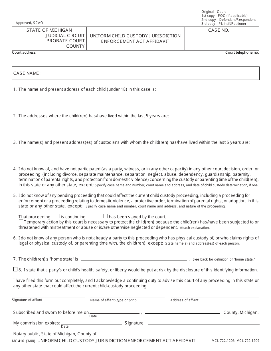 Form MC416 Uniform Child Custody Jurisdiction Enforcement Act Affidavit - Michigan, Page 1