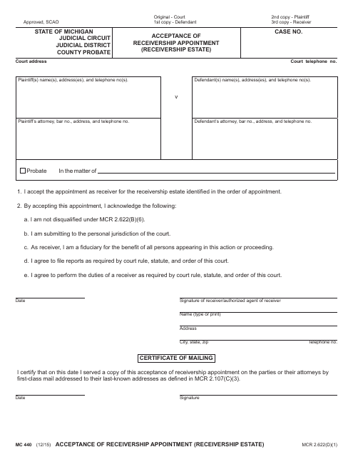 Form MC440 Acceptance of Receivership Appointment (Receivership Estate) - Michigan