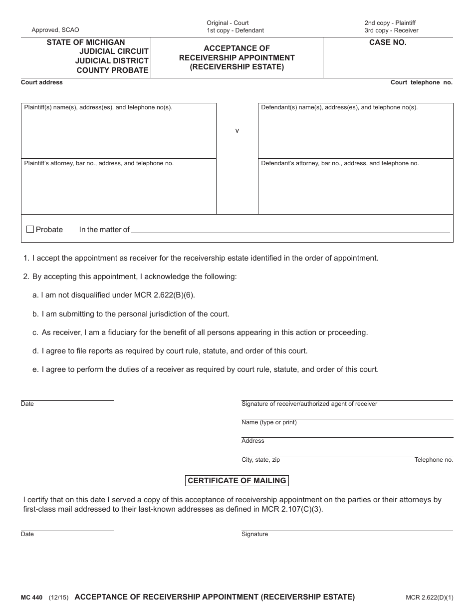 Form MC440 Acceptance of Receivership Appointment (Receivership Estate) - Michigan, Page 1