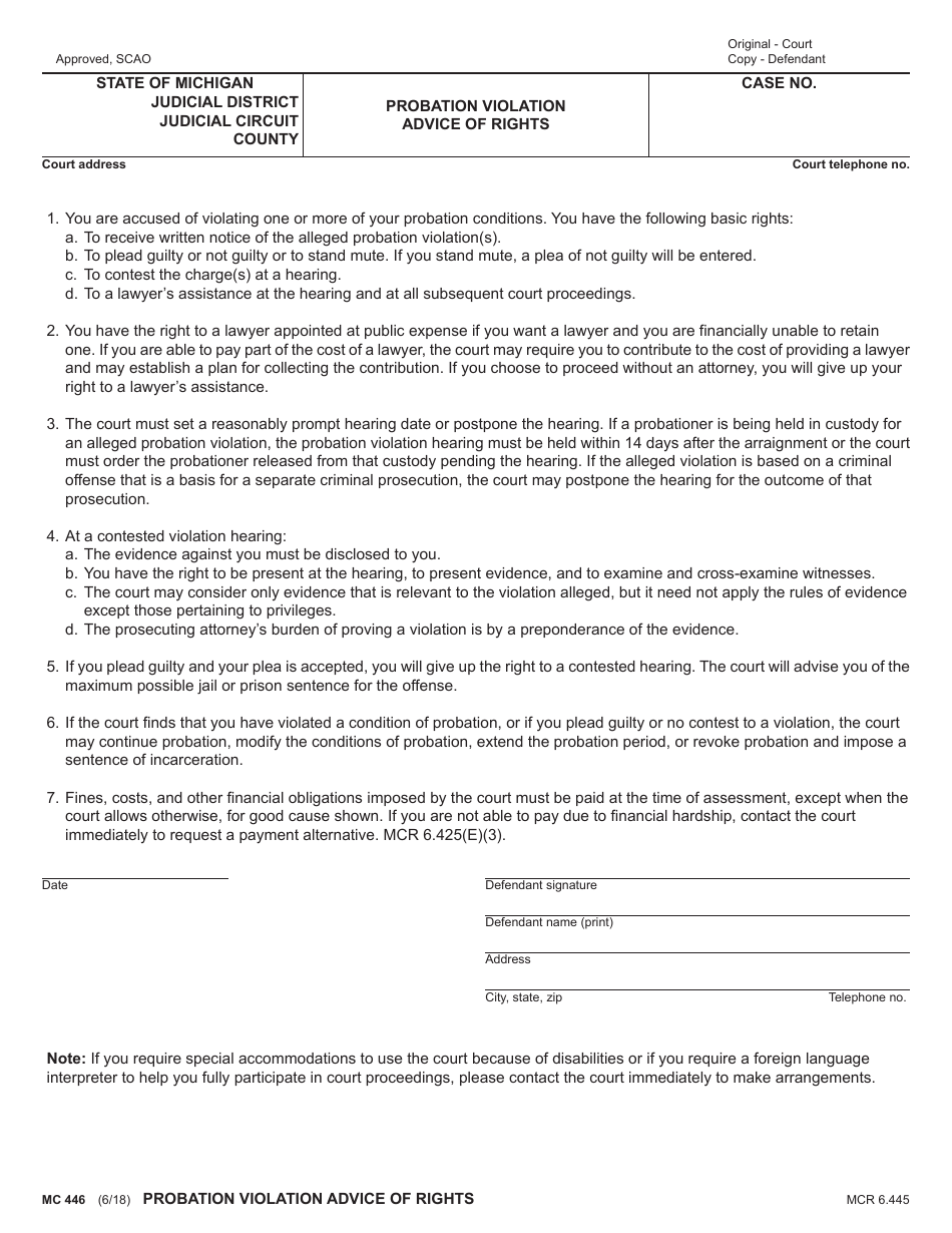 Form MC446 Probation Violation Advice of Rights - Michigan, Page 1