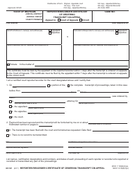 Document preview: Form MC501 Reporter/Recorder Certificate of Ordering Transcript on Appeal - Michigan