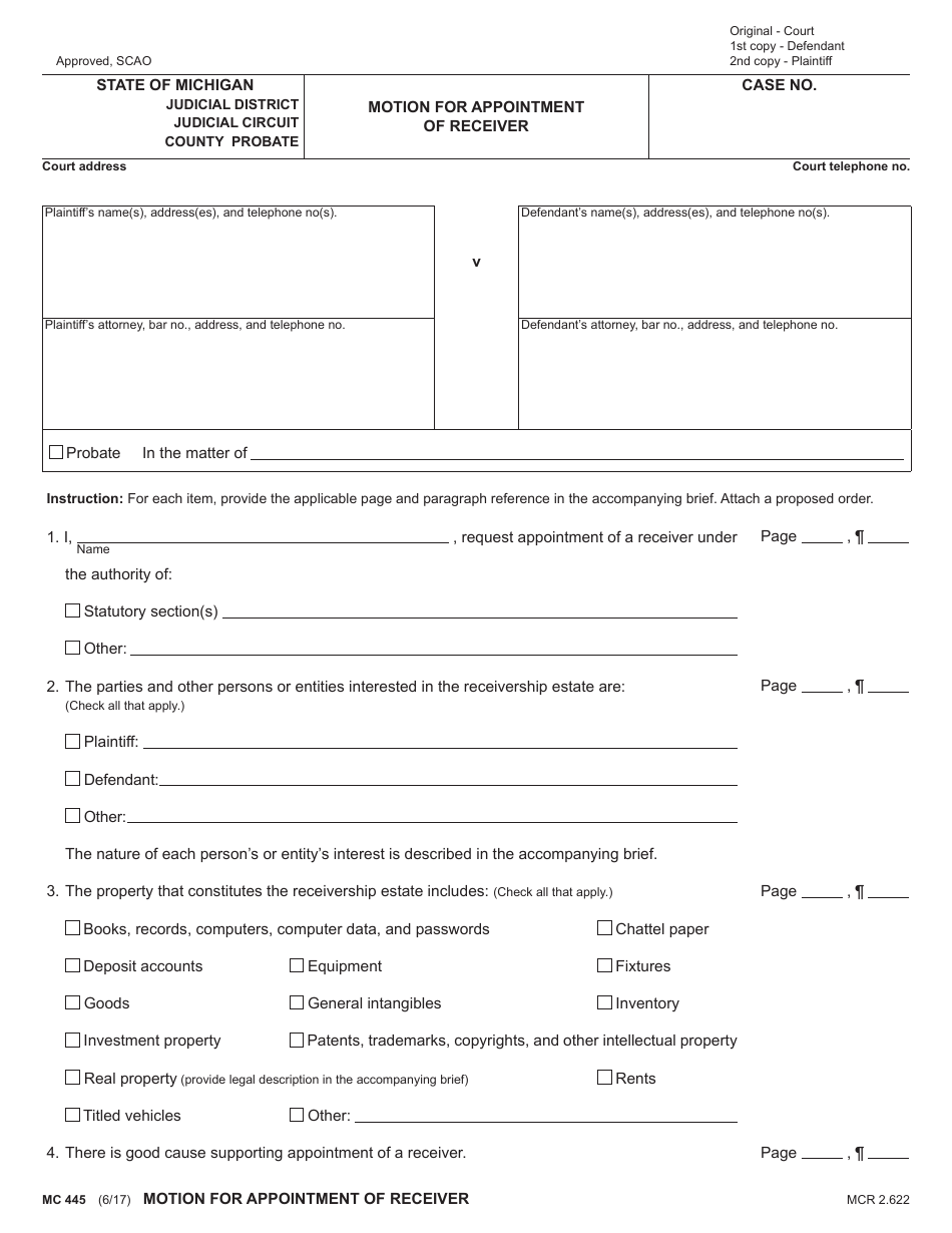 Form MC445 Motion for Appointment of Receiver - Michigan, Page 1