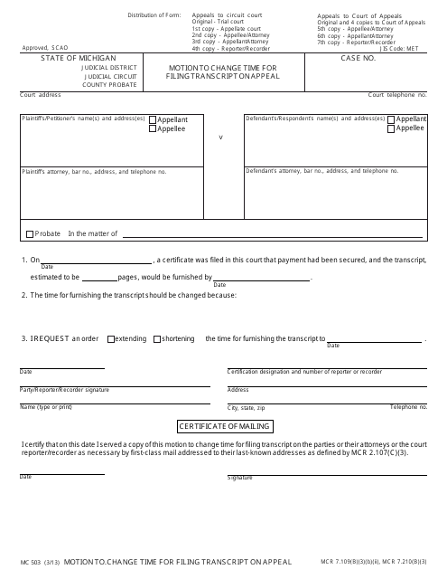 Form MC503 Motion to Change Time for Filing Transcript on Appeal - Michigan