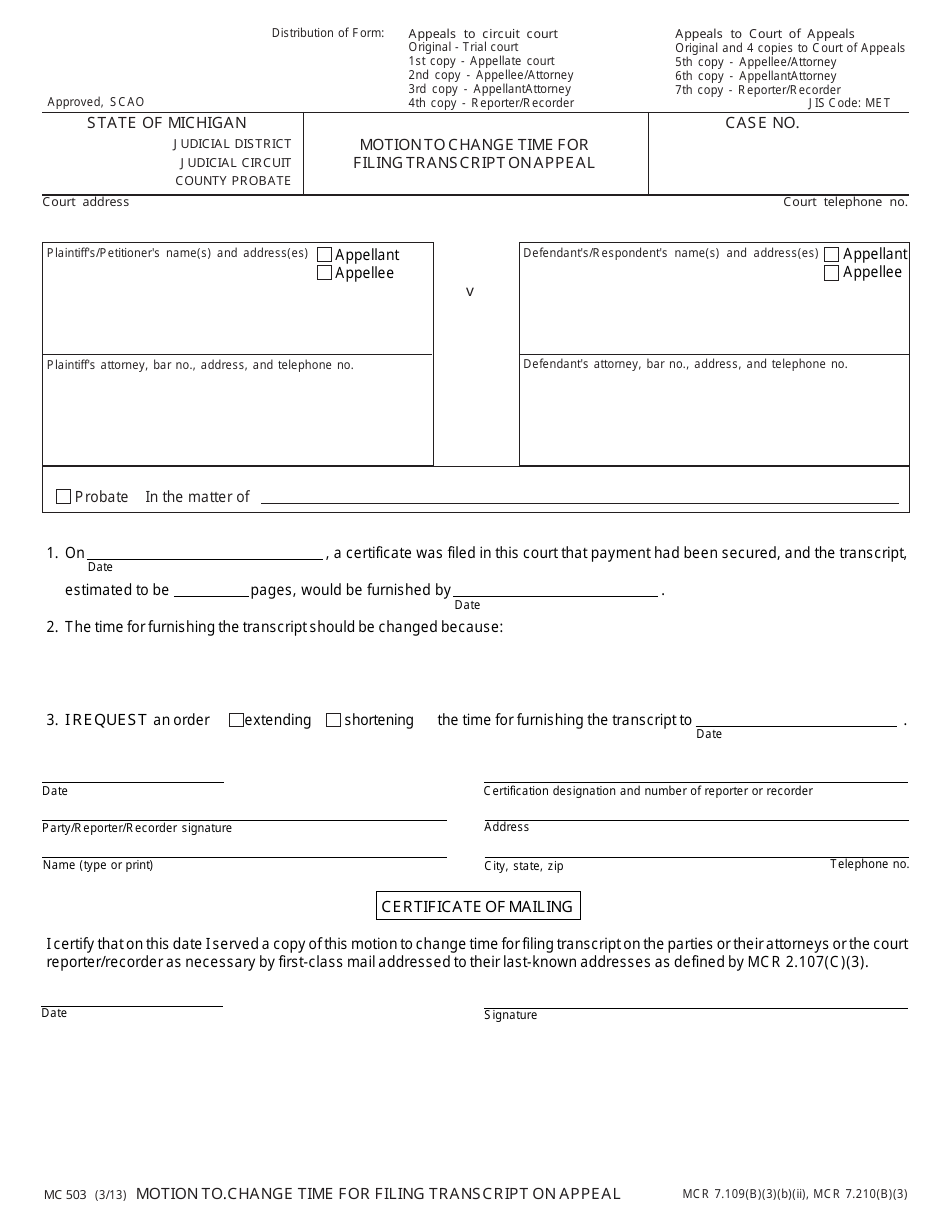 Form MC503 Motion to Change Time for Filing Transcript on Appeal - Michigan, Page 1