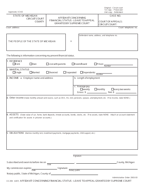 Form CC293 Affidavit Concerning Financial Status - Leave to Appeal Granted by Supreme Court - Michigan
