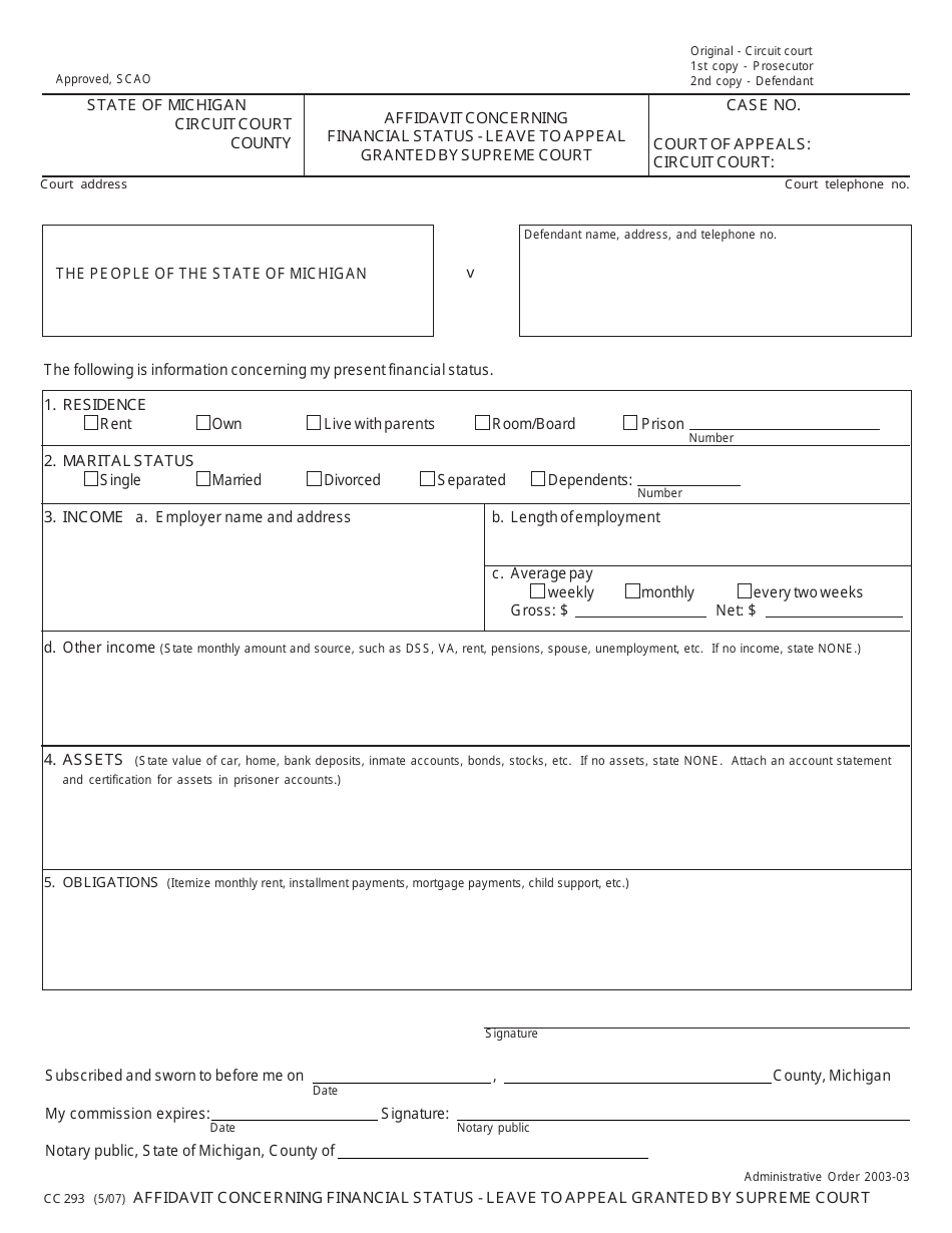 Form CC293 Affidavit Concerning Financial Status - Leave to Appeal Granted by Supreme Court - Michigan, Page 1