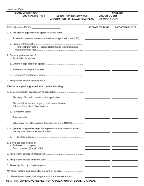 Form DC53 Appeal Worksheet for Application for Leave to Appeal - Michigan