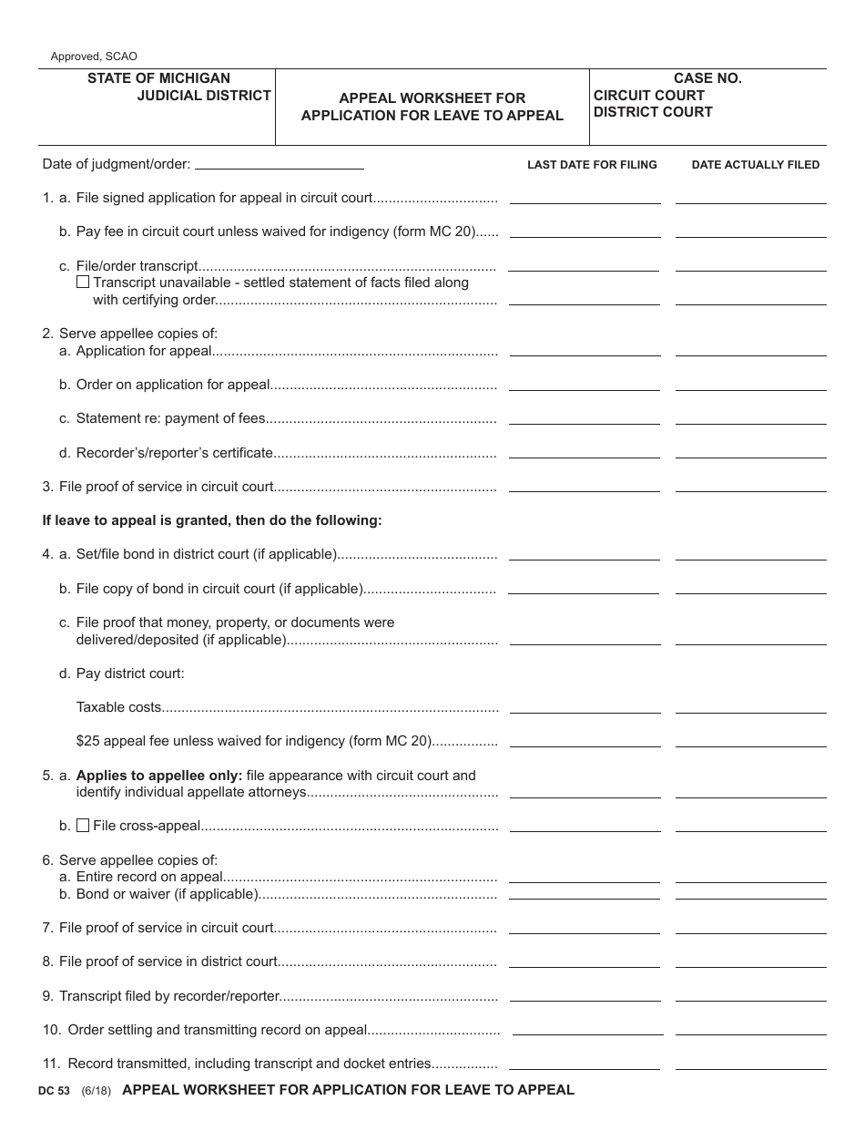 Form DC53 Appeal Worksheet for Application for Leave to Appeal - Michigan, Page 1