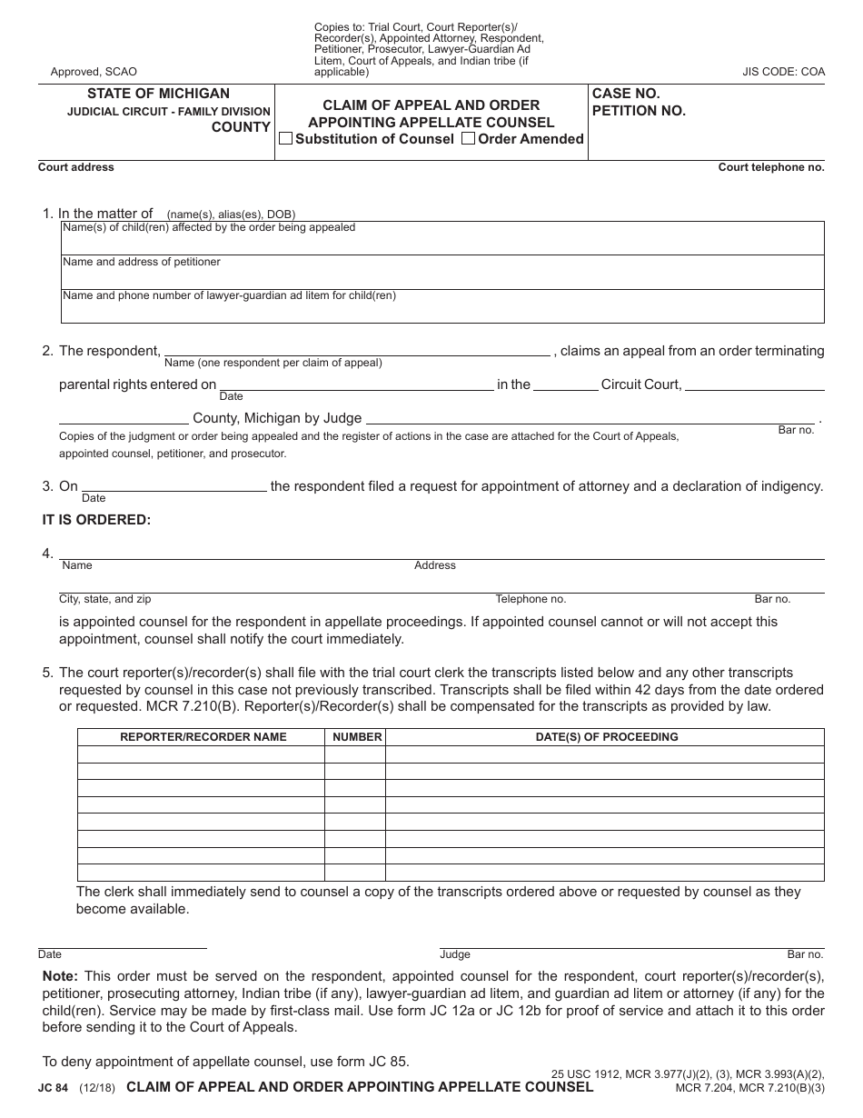 Form JC84 Claim of Appeal and Order Appointing Appellate Counsel - Michigan, Page 1