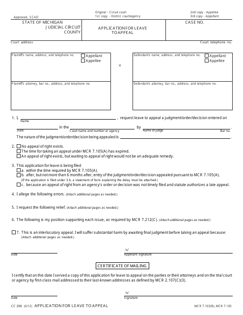 Form CC298 Application for Leave to Appeal Form - Michigan