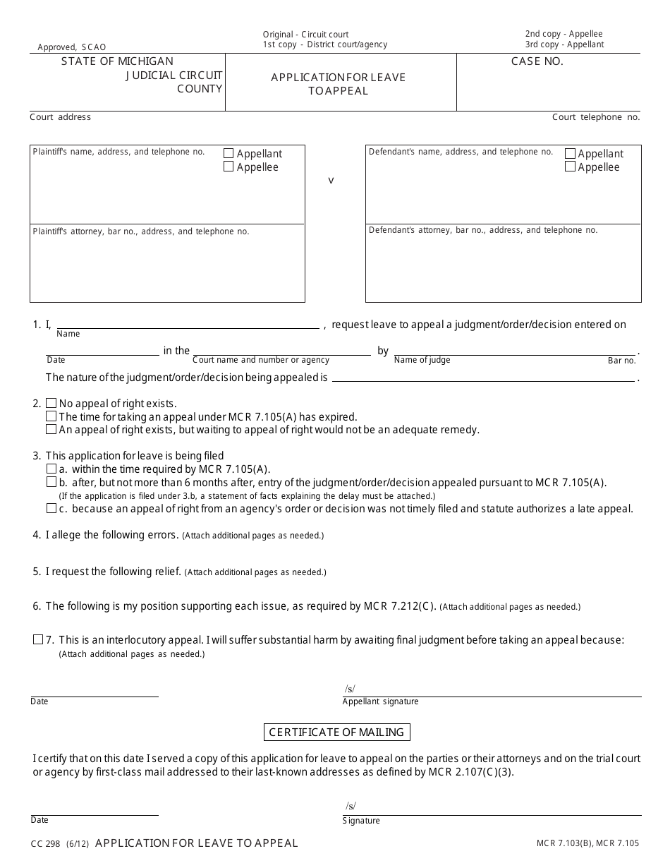 Form CC298 Application for Leave to Appeal Form - Michigan, Page 1