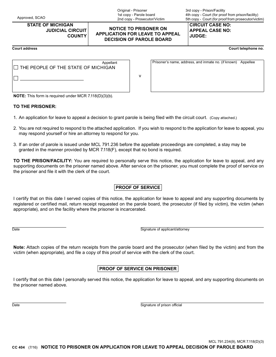 Form CC404 Notice to Prisoner on Application for Leave to Appeal Decision of Parole Board - Michigan, Page 1