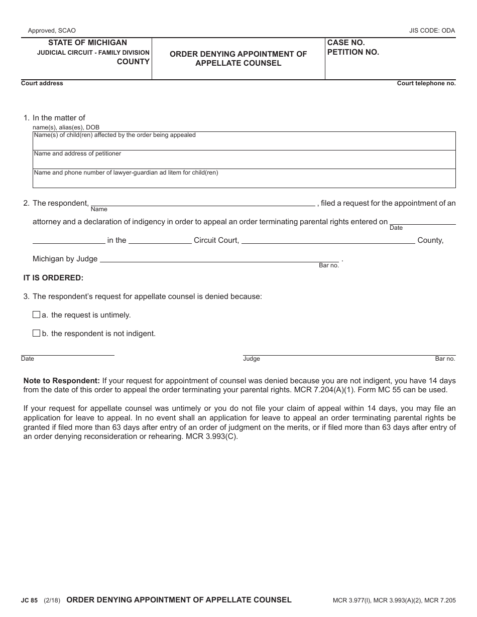 Form JC85 Order Denying Appointment of Appellate Counsel - Michigan, Page 1