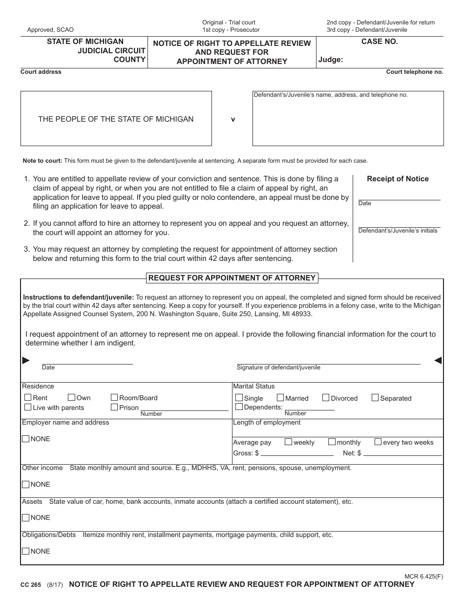 Form CC265 Notice of Right to Appellate Review and Request for Appointment of Attorney - Michigan, Page 1