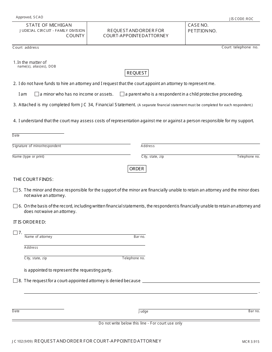 Form JC102 Request and Order for Court - Appointed Attorney - Michigan, Page 1