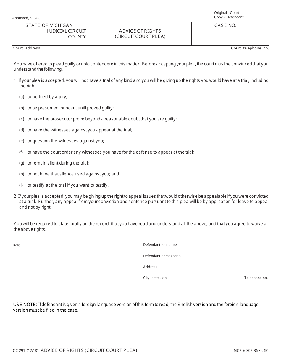 Form CC291 Advice of Rights (Circuit Court Plea) - Michigan, Page 1