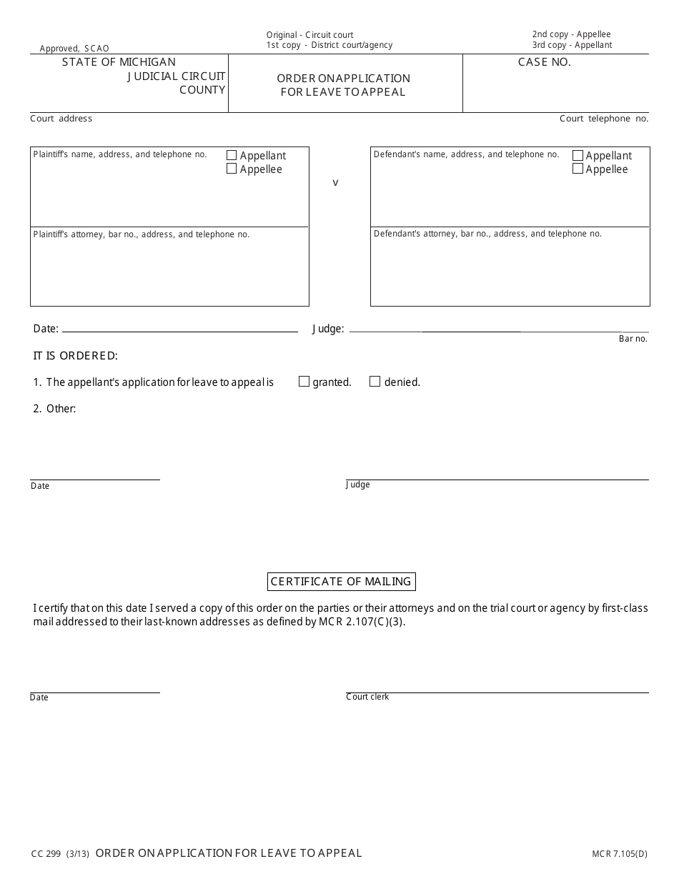 Form CC299 Order on Application for Leave to Appeal - Michigan, Page 1